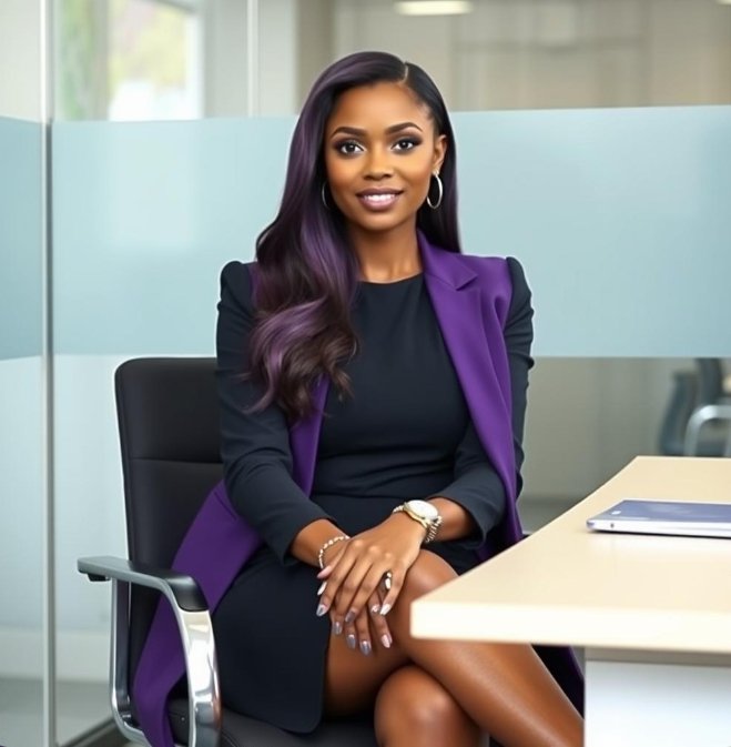 A professional woman with long purple-tinted hair, wearing a black dress and purple blazer, sits confidently at a desk in a modern office.