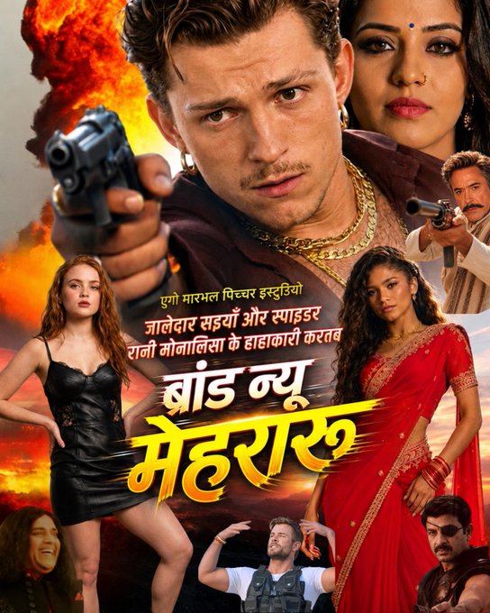 A movie poster for 'ब्रांड न्यू मेहरारुन' featuring a man holding a gun, with Hindi text and several other characters shown against a fiery background.