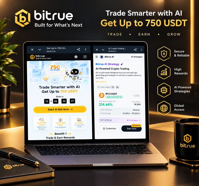 A promotional advertisement for Bitrue featuring their AI Strategy for crypto trading with offers up to 750 USDT, displaying features like Secure & Reliable, High Rewards, AI Powered Strategies, and Global Access.