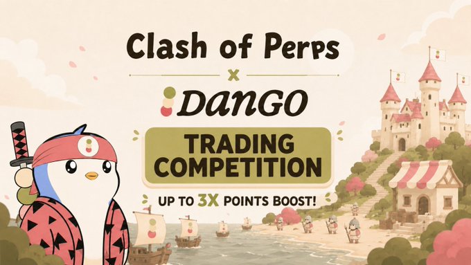 Promotional banner for a 'Clash of Perps x DanGO Trading Competition' featuring an anime-style penguin character and a castle scene, advertising 'UP TO 3X POINTS BOOST'