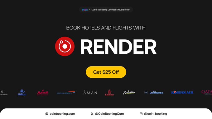 A promotional image for a travel booking service showing 'BOOK HOTELS AND FLIGHTS WITH RENDER' with a 'Get $25 Off' button and partner logos including Hilton, Marriott, British Airways, Emirates, Lufthansa, Korean Air, and Qatar, along with 'coinbooking.com' and social handles @CoinBookingCom.