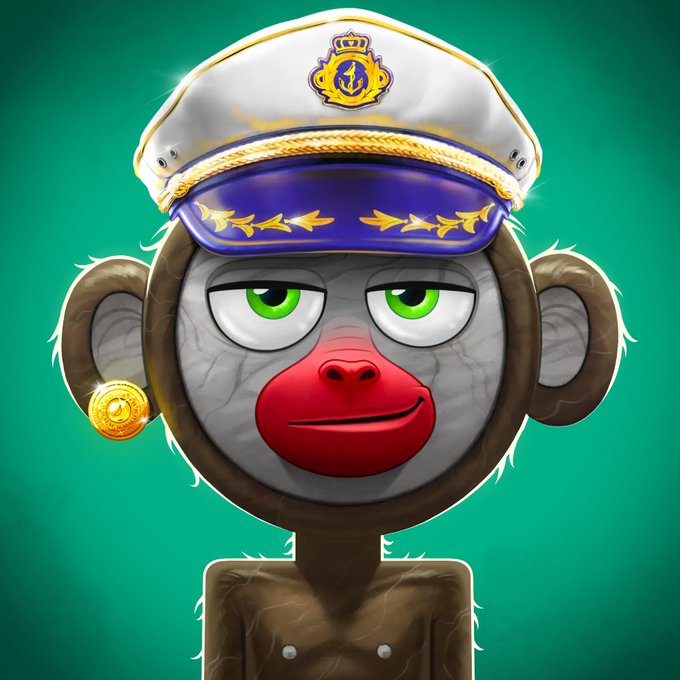 A digital illustration of a cartoon monkey wearing a white and purple captain's hat with gold accents and a gold earring, set against a green background.