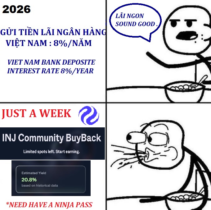 A meme image contrasts 'VIET NAM BANK DEPOSITE INTEREST RATE 8%/YEAR' and a 'JUST A WEEK' 'INJ Community BuyBack' with a '20.8%' estimated yield '*NEED HAVE A NINJA PASS', using the 'LẠI NGON SOUND GOOD' meme character eating excitedly.