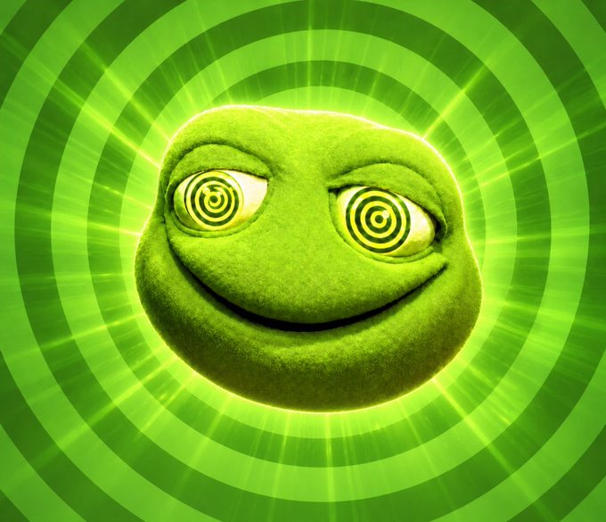 A hypnotic green frog face with spiral eyes stares outward against a radiating green background, visually reinforcing the post's message by appearing to "hypnotize" the viewer into purchasing the $TOAD token.