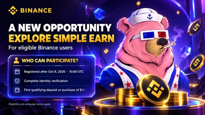 A Binance promotional banner titled "A NEW OPPORTUNITY - EXPLORE SIMPLE EARN" featuring a pink bear character in a sailor outfit with 3D glasses, listing eligibility requirements.