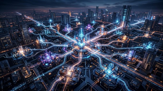 A futuristic nighttime cityscape illuminated by glowing blue and orange data streams converging at a central hub, symbolizing the interconnected, decentralized network of opentensor's AI-driven ecosystem. The vibrant web of digital pathways visually reinforces the post's claim of a hyper-growth, intelligence-powered economy beyond traditional L1 blockchains.