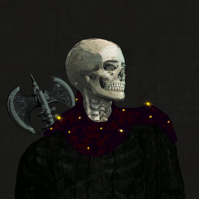 A dark fantasy illustration depicts a skull-headed figure wearing a black robe with a crimson patterned collar, adorned with glowing yellow lights and wielding an ornate battle axe.