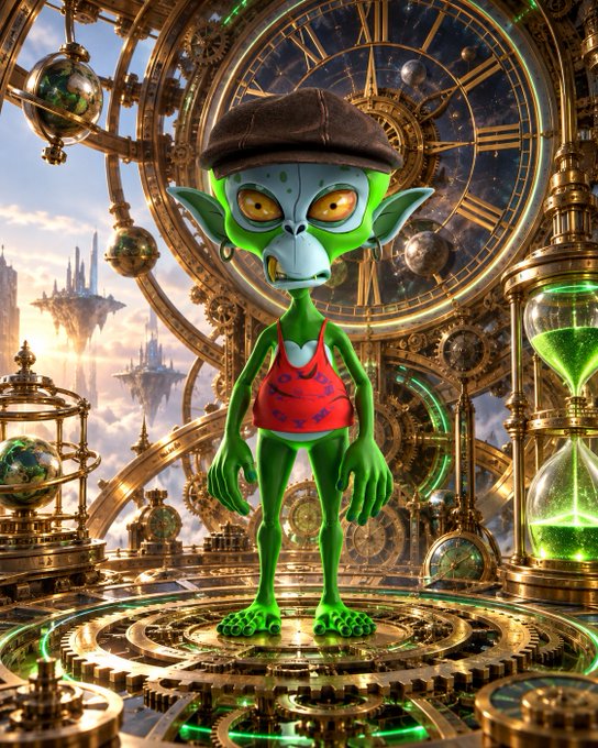 A green, goblin-like character wearing a brown flat cap, red tank top, and hoop earrings stands in an elaborate steampunk setting featuring a massive ornate clock face, brass gears, and hourglasses with glowing green sand.