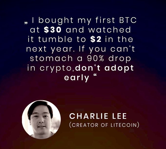 A quote graphic featuring Charlie Lee, creator of Litecoin, with the text: "I bought my first BTC at $30 and watched it tumble to $2 in the next year. If you can't stomach a 90% drop in crypto, don't adopt early." The image reinforces the post's message about building discipline through volatile "red days" and warns that true crypto success requires enduring massive drawdowns.