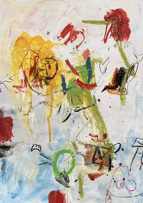 An abstract painting featuring bold, expressive brushstrokes in yellow, red, green, and blue with sketchy figurative elements on a white background. The vibrant, gestural composition reflects the energetic title "Red bloom in the storm," with its splashes of color and chaotic marks evoking the painting's emotional intensity.