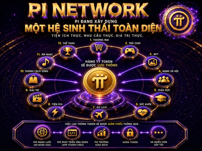 The image is a Vietnamese-language infographic for "Pi Network," illustrating an ecosystem with a central Pi token hub connected to 12 categories (including Commerce, Games, NFT, Social Network, Education, Health, Travel, Utilities, Values, Lifestyle, Music, and Sports) and showing how token circulation works through network fees, app studio fees, an exchange market, token lockers, and future developments—visually reinforcing the post's message that testnet is merely the foundation for building a comprehensive, full-featured blockchain ecosystem.