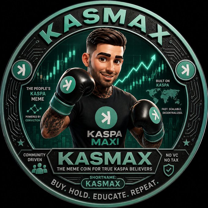 A promotional coin graphic for 'KASMAX' featuring a cartoon boxer character with boxing gloves, labeled as 'THE PEOPLE'S KASPA MEME' and 'THE MEME COIN FOR TRUE KASPA BELIEVERS' with the tagline 'BUY. HOLD. EDUCATE. REPEAT.'