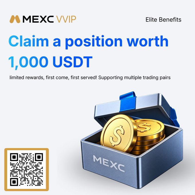 A promotional graphic for MEXC VVIP Elite Benefits, offering to "Claim a position worth 1,000 USDT" with limited rewards, featuring a 3D illustration of gold coins in a box and a QR code.