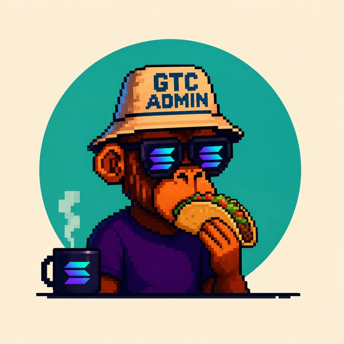 A pixel art illustration of a monkey wearing a 'GTC ADMIN' cap and sunglasses, eating a taco while a steaming mug with a Solana logo sits beside it.