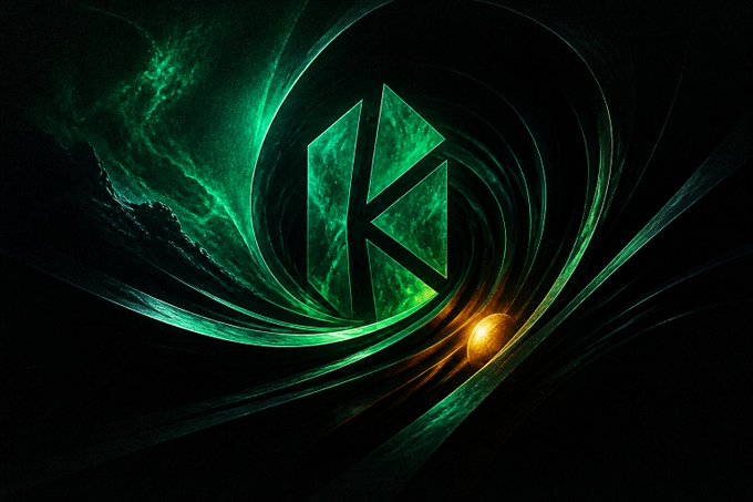 A digital artwork features a stylized green 'K' logo (Kaspa cryptocurrency) set against swirling green nebula-like energy patterns and a glowing orange sphere on a black background.