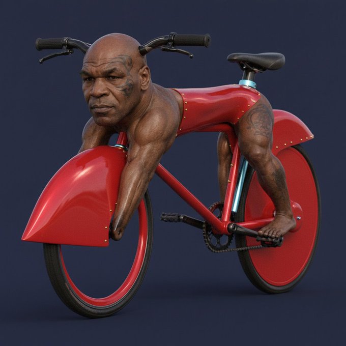 The image shows a digital composite of Mike Tyson's face and muscular body photoshopped onto a bright red bicycle frame, creating a humorous "bionic" figure poised to pedal. 

**Caption:** A digitally manipulated image shows former heavyweight boxing champion Mike Tyson's head and muscular physique grafted onto a sleek red bicycle, creating the ultimate "fast" ride — fitting the post's boast of "I'M FAST."