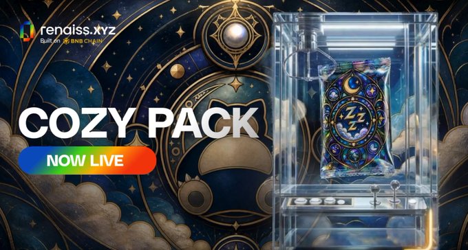 The promotional image for Renaiss.xyz's "COZY PACK" (now live, built on BNB Chain) shows a celestial-themed collectible displayed in a clear display case, symbolizing the platform's mission to bridge physical collectibles with on-chain liquidity. The "ZZZ" sleep motif on the collectible aligns with the cozy pack theme, while the luxurious cosmic backdrop reinforces the premium RWA infrastructure being offered to physical-to-digital collectors.