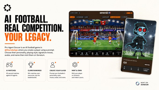 Promotional graphic for Pro Agent Soccer, an AI football game on StartaleApp with the tagline 'AI FOOTBALL. REAL COMPETITION. YOUR LEGACY.', featuring a pixel-art football match and a footballer NFT profile, plus features: 'AI MATCHES', 'CLIMB RANKINGS', 'CREATE YOUR PLAYER', 'MINT & OWN', and a 'MINT ON SONRUM' button.