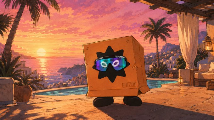 A cardboard box mascot wearing sunglasses labeled "SOLANA SUMMER" stands poolside at sunset, playfully hinting at hidden Solana Summit Serbia merch inside for the PacketChat community.