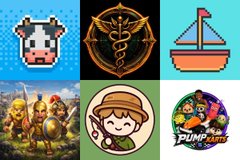 The image features six different logos or illustrations related to video games. The logos include a cartoon cow, a boat, a shield with a sword, a shield with a cross, a shield with a crescent moon, and a shield with a fish. These logos are associated with various gaming titles such as "Pump Karts", "Farm", "Rumble", and "Minecraft". Each logo is accompanied by text that provides information about the game or its theme. The image does not contain any text or additional details beyond the logos themselves, making it a simple yet visually appealing representation of different video game themes.