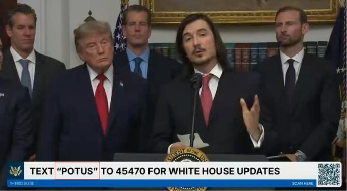 The image shows Donald Trump and others at a White House podium, with a banner at the bottom reading "TEXT 'POTUS' TO 45470 FOR WHITE HOUSE UPDATES," which relates to the post's mention of many projects "brewing" and ramping up strategies.