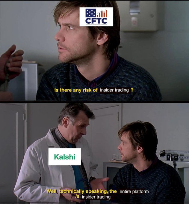 A two-panel meme referencing CFTC and Kalshi, with captions asking 'Is there any risk of insider trading?' and the reply 'Well, technically speaking, the entire platform IS insider trading.'
