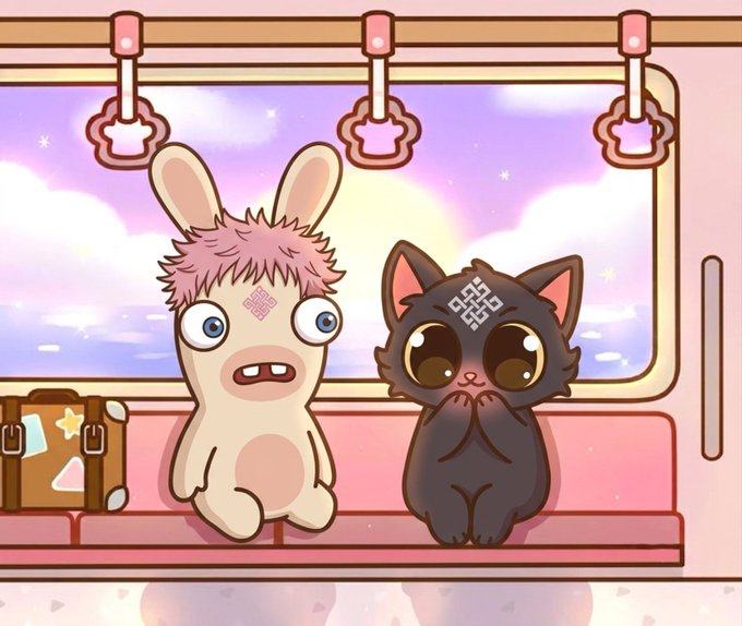 A colorful cartoon illustration showing a pink-haired rabbit-like creature and a black cat with a decorative forehead mark sitting on a train seat, with luggage and a sunset sky visible through the window.