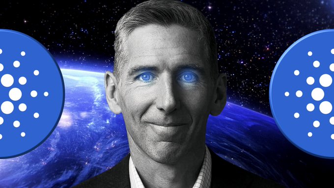 Stylized black and white photo of a man with glowing blue eyes and a slight smile set against a space/Earth background, flanked by two blue circular logos with white dots resembling the Cardano symbol.