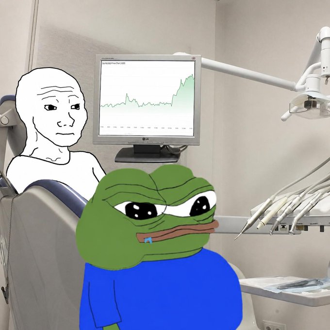 The image shows a Wojak and Sad Pepe meme overlaid on a photo of a dental office, with a monitor displaying an ethereum price chart in the background. The meme humorously depicts Pepe as nervously sitting in the dentist's chair while ethereum's price chart shows a dramatic upward spike, tying into the post's bullish sentiment about Pepecoin following ethereum's lead.