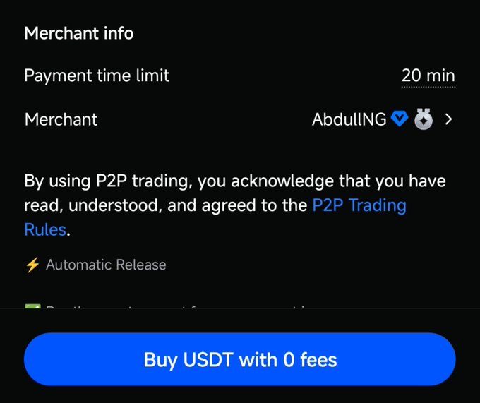 The image displays a Gate.io P2P trading screen showing merchant details for "AbdulING" with a 20-minute payment time limit and a blue "Buy USDT with 0 fees" button. It aligns with the post's message about carefully reviewing merchant information before completing a P2P trade.