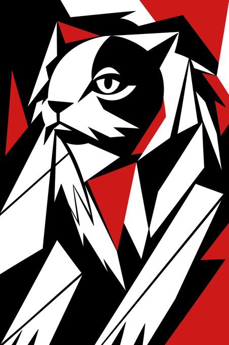 A bold geometric cubist portrait illustration of a face with an intense eye, rendered in stark black, white, and red angular shapes.