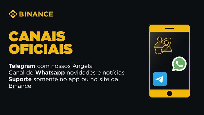 A Binance promotional graphic titled "CANAIS OFICIAIS" in Portuguese displays official communication channels, listing Telegram (with Angels), WhatsApp (for news and updates), and Support (only via app or website), alongside illustrations of a smartphone showing the Telegram and WhatsApp icons. The image aligns with the post warning Brazilian users to only trust Binance's verified channels and be cautious of unsolicited contact.