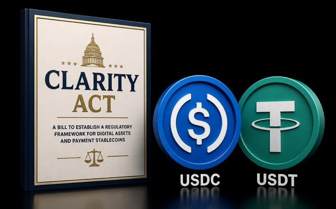 The image shows the "CLARITY Act — A Bill to Establish a Regulatory Framework for Digital Assets and Payment Stablecoins" alongside USDC and USDT coin logos, visually connecting the proposed stablecoin legislation to the two largest stablecoins affected by its rules, which 78 U.S. banking groups are urging the Senate to modify.