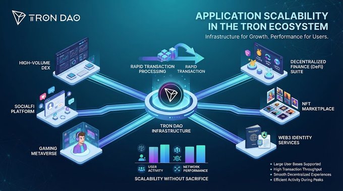 An infographic titled 'APPLICATION SCALABILITY IN THE TRON ECOSYSTEM' illustrating how the TRON DAO Infrastructure connects various applications like High-Volume DEX, DeFi Suite, NFT Marketplace, and Gaming Metaverse.