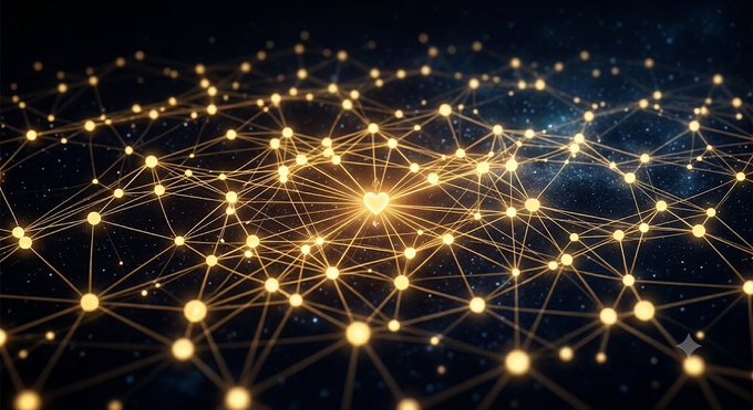 An abstract digital image showing a glowing network of interconnected yellow nodes and lines on a dark blue starry background, with a bright heart shape at the center.