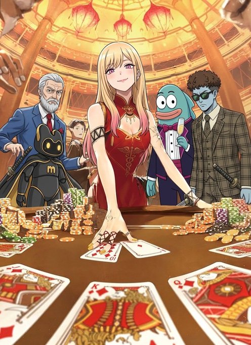 Anime-style illustration of a blonde woman in a red dress at a poker table surrounded by a cat-suited character, a blue creature, and a suited man, with stacks of chips and face cards on the table.