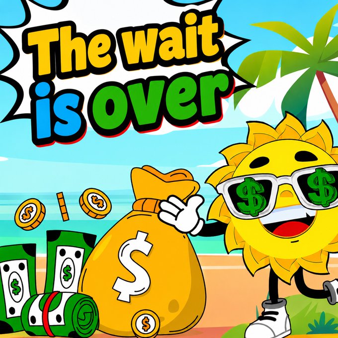 A cartoon sun wearing dollar-sign sunglasses celebrates on a tropical beach alongside a money bag and cash, with the bold comic-style text "The wait is over" displayed above. The vibrant, money-themed imagery visually reinforces the post's promotion of $SUMMER (Summer Token Sol), emphasizing the project's wealth-building appeal and recent launch with its limited 300k supply.
