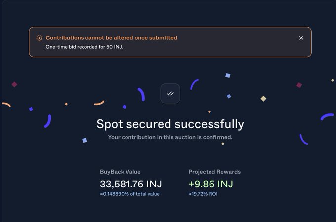 Same 'Spot secured successfully' confirmation screen now showing an orange warning banner stating 'Contributions cannot be altered once submitted' with 'One-time bid recorded for 50 INJ.'