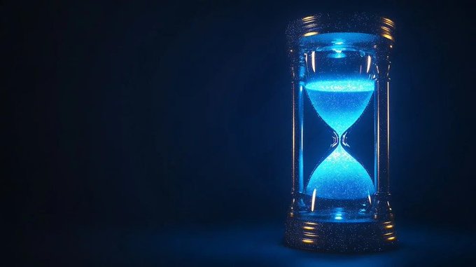 An hourglass with glowing blue sand against a dark background.