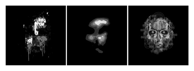 A triptych of glitchy, monochromatic digital art pieces on black backgrounds featuring distorted text, an abstract shape, and a face composed of numerical data.