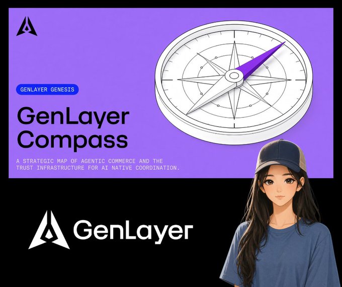 A promotional graphic with a purple background displaying 'GenLayer Compass' with the tagline 'A strategic map of agentic commerce and the trust infrastructure for AI native coordination,' along with the GenLayer logo and an anime-style illustration of a young woman wearing a cap.