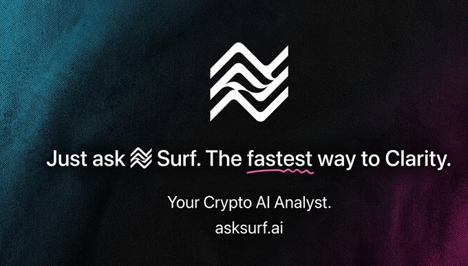 The image features a banner with a logo of a wave and the text "Just ask Surf." The background color of the banner is blue-green. Below this, there's some text that reads "Surf. The fastest way to clarity. Your crypto AI. Asksurfai.ai". This suggests that the image might be promoting a platform called "SurfAI" or something similar related to cryptocurrency analysis and trading.