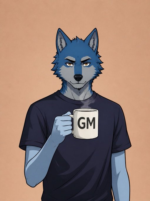 Digital illustration of a blue anthropomorphic wolf character wearing a dark t-shirt and holding a white coffee mug labeled 'GM' against a peach background.