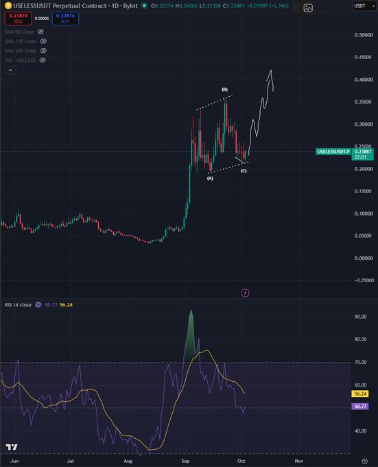 A TradingView chart of the USELESSUSDT perpetual contract shows the token breaking out of months of sideways consolidation, with price climbing to $0.2388 (up 6.74%) and RSI at 56.24, visually confirming the post's claim that the next leg up is ready to begin after an extended consolidation phase through June-August.