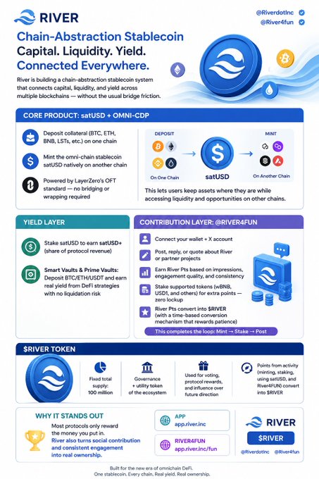 An infographic for 'RIVER' introducing a 'Chain-Abstraction Stablecoin' system with the tagline 'Capital. Liquidity. Yield. Connected Everywhere,' detailing core products, yield layers, contribution layers, and the $RIVER token.