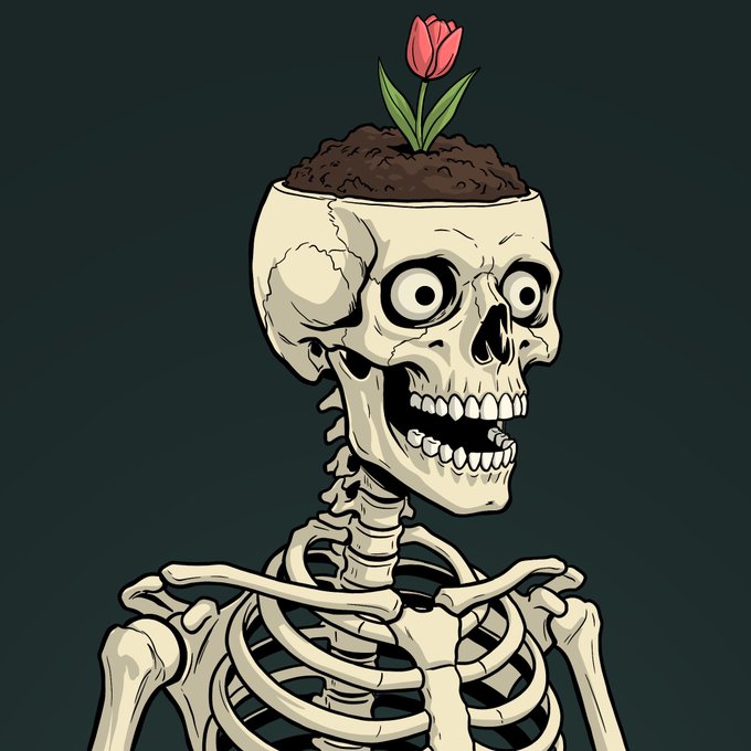 The image features a skeleton with a plant growing out of its head, giving the impression that the skeleton has been given life by the plant. The skeleton appears to be smiling, adding a sense of humor or playfulness to the scene. The caption provided in the image seems unrelated and does not provide any context about the post or the content it is related to.