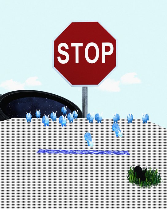 A red stop sign with the word "STOP" in white stands against a pale sky, with a dark hill, blue pixelated droplets, and a small tuft of grass below on a halftone-dotted surface, evoking a surreal "rabbit hole" moment of pause before the night.