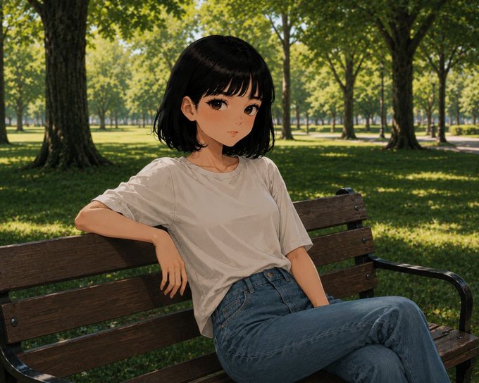 An anime-style illustration shows a young woman with short black hair sitting casually on a wooden park bench among green trees.