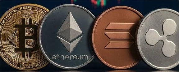 Four physical coins representing major cryptocurrencies (Bitcoin, Ethereum, Solana, and XRP) are displayed against a digital price chart background, visually corresponding to the reported ETF inflows for BTC (+$101.7M) and ETH (+$49.6M), along with flat activity ($0) for SOL and XRP.