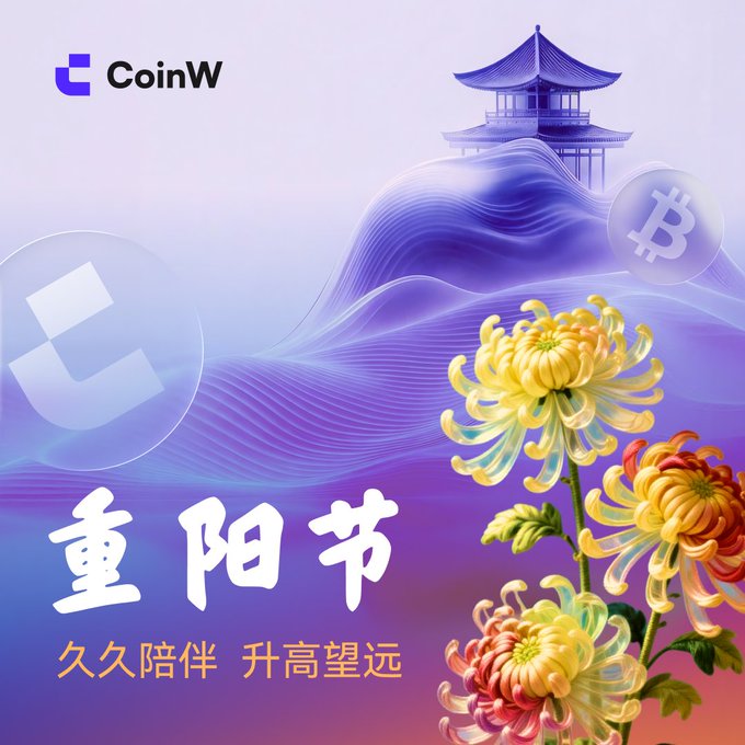 A CoinW promotional graphic for the Chinese Chongyang Festival (重阳节) featuring chrysanthemum flowers, a pagoda, and Bitcoin-themed imagery with the tagline "久久陪伴 升高望远" (Long companionship, rising higher and looking further).